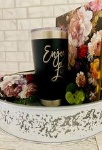 Load image into Gallery viewer, Black 20 oz. ENJOY LIFE tumbler,  black floral Journal with matching pen, packed in a round decorative table tray
