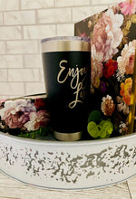 Load image into Gallery viewer, Black 20 oz. ENJOY LIFE tumbler,  black floral Journal with matching pen, packed in a round decorative table tray