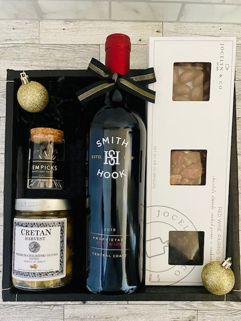 Especially for You gift package includes, chalkidiki olives, red pairing set - candied pecans, chocolate almonds, and cranberries, appetizer picks