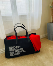 Load image into Gallery viewer, Especially for You Delta Sigma Theta inspired gift.  Black canvas tote bag with lightweight red scarf