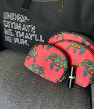 Load image into Gallery viewer, Especially for You Delta Sigma Theta inspired gift.  Black canvas tote bag with 3-piece elephant cosmetic bag and rich, red matte lipstick