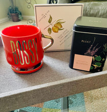 Load image into Gallery viewer, Especially for You Delta Sigma Theta inspired gift.  red "BOSSY" mug and coaster set with gourmet lemon cake cookie and hand-picked BLOSSOM tea