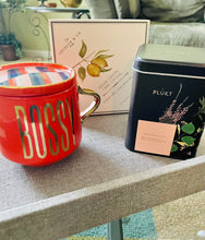 Load image into Gallery viewer, Especially for You Delta Sigma Theta inspired gift.  red "BOSSY" mug and coaster set with gourmet lemon cake cookie and hand-picked BLOSSOM tea