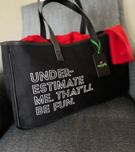 Load image into Gallery viewer, Especially for You Delta Sigma Theta inspired gift.  Black canvas tote bag with lightweight red scarf