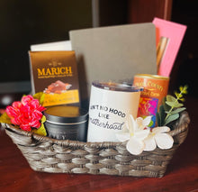 Load image into Gallery viewer, Especially for You "Ain't no hood like motherhood' tumbler gift basket. Suede "Mark My Words" journal and essential oil diffuser pen
